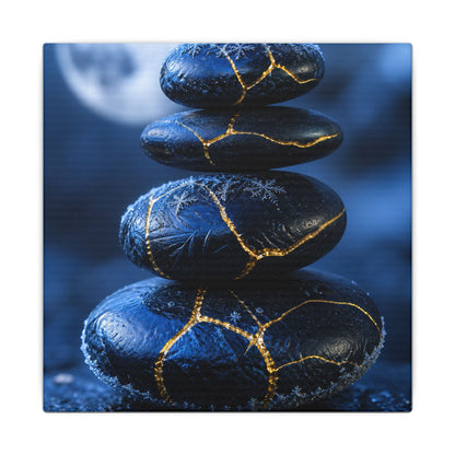 River Stones Canvas Art | Winter Kintsugi Gold Repair Art