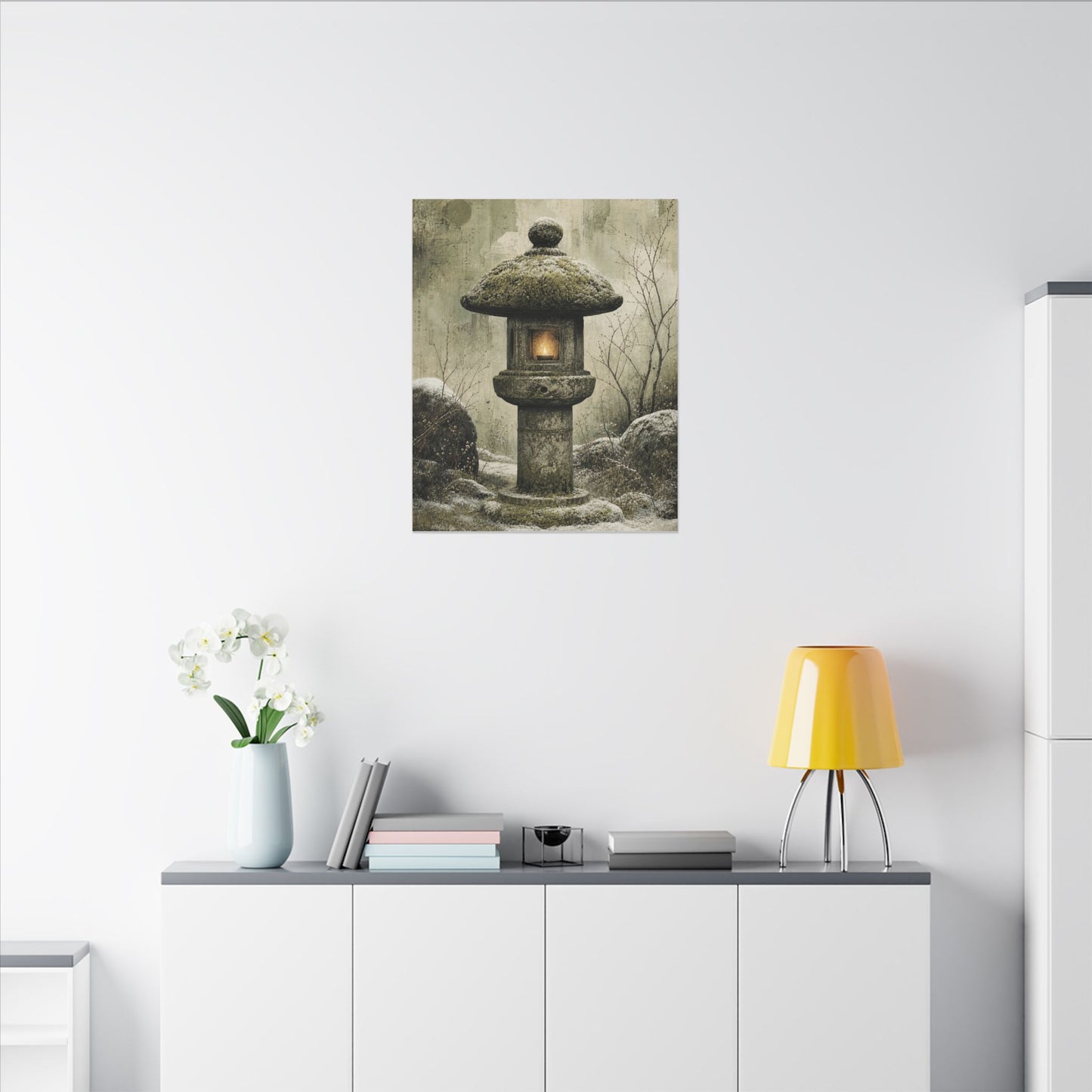Stone Lantern Winter Canvas Art | Japandi Neutral Design