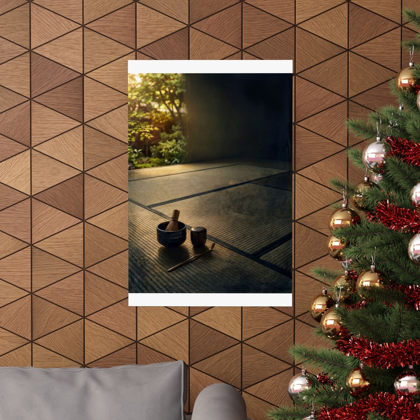 Dark Japandi Tea Ceremony in Golden Hour | Dark Texture Wall Art Print