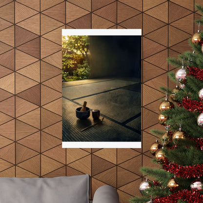 Dark Japandi Tea Ceremony in Golden Hour | Dark Texture Wall Art Print