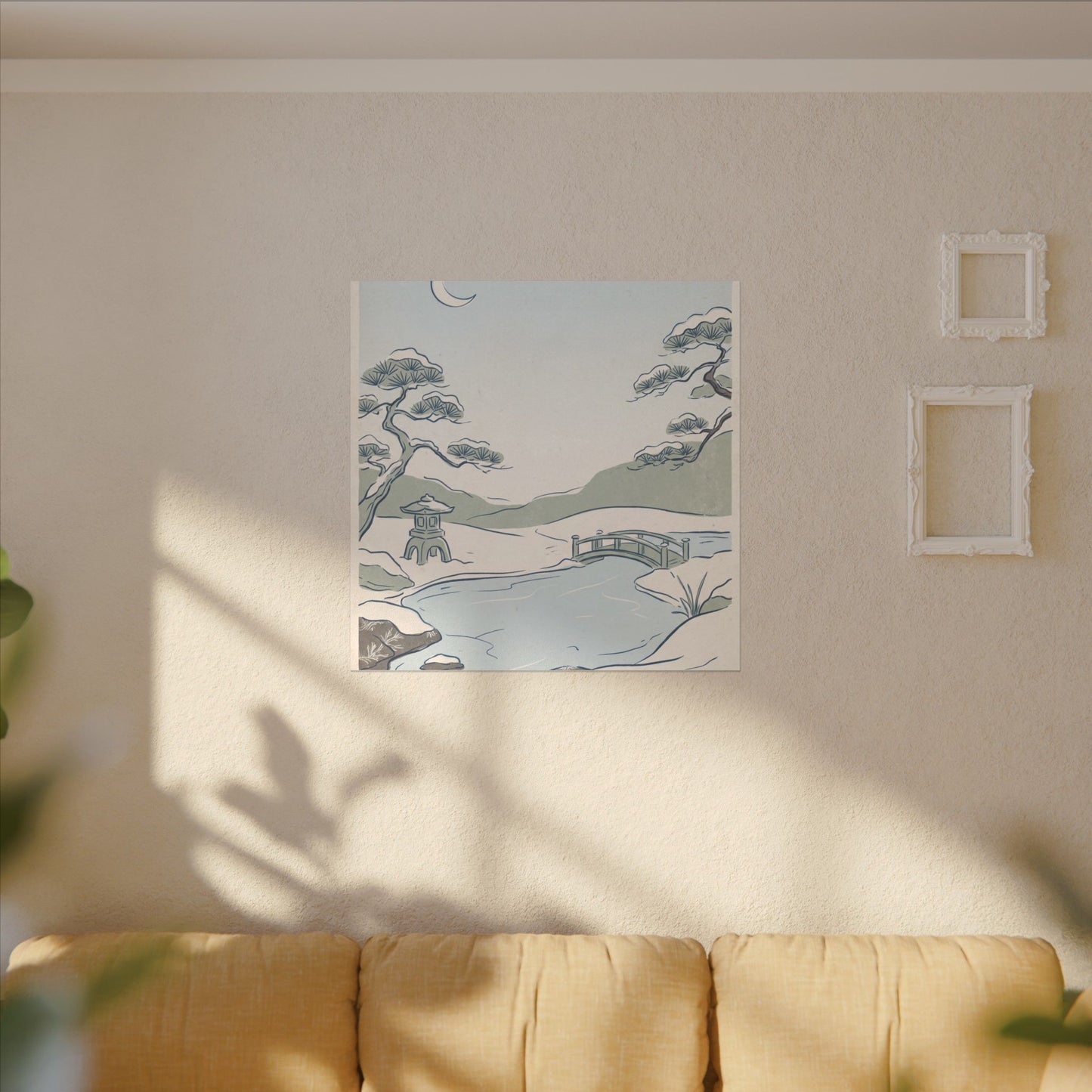 Japandi Moonlit Garden in Moonlight | Minimal Line Canvas Art