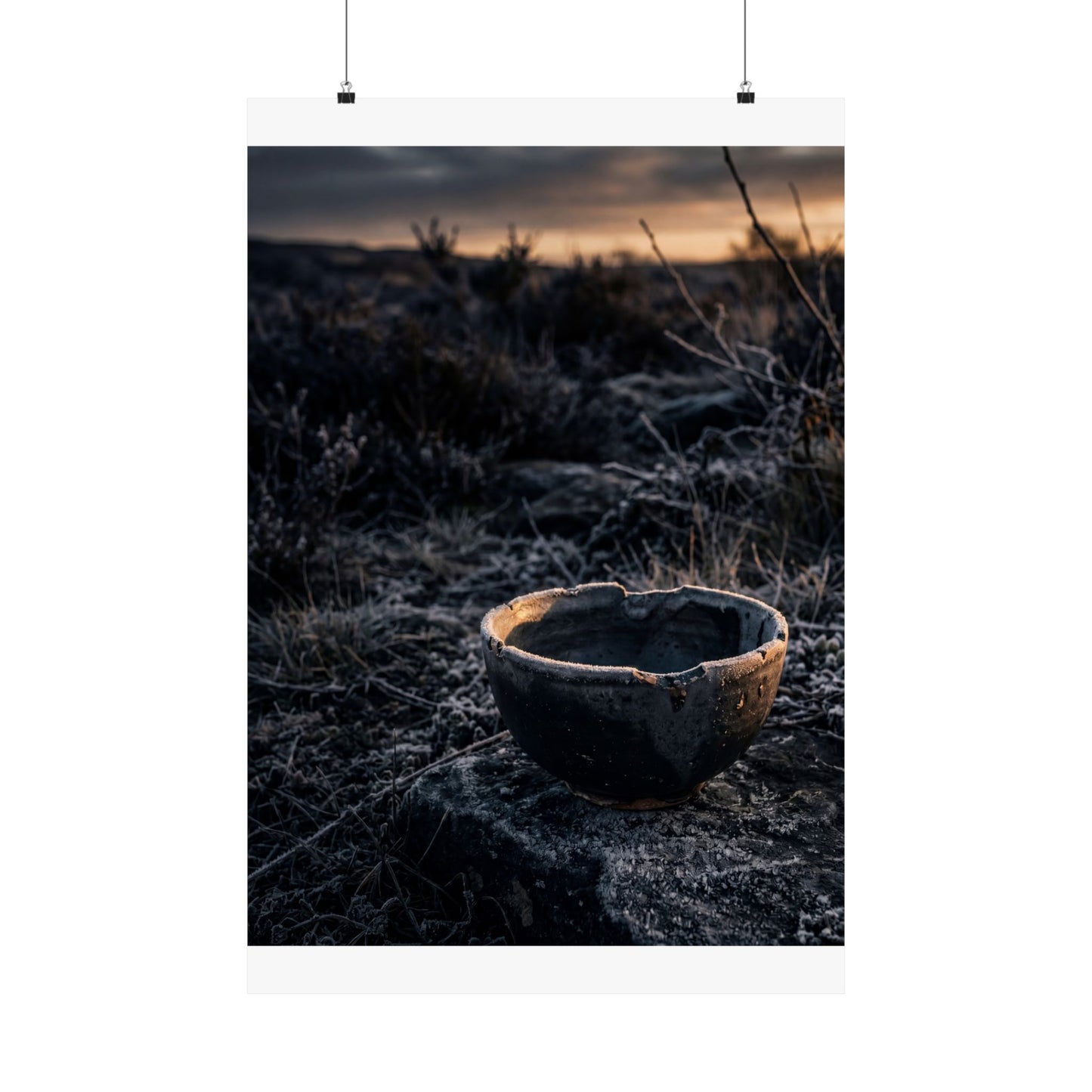 Dark Japandi Ceramic Bowl in Golden Hour | Dark Texture Wall Art Print