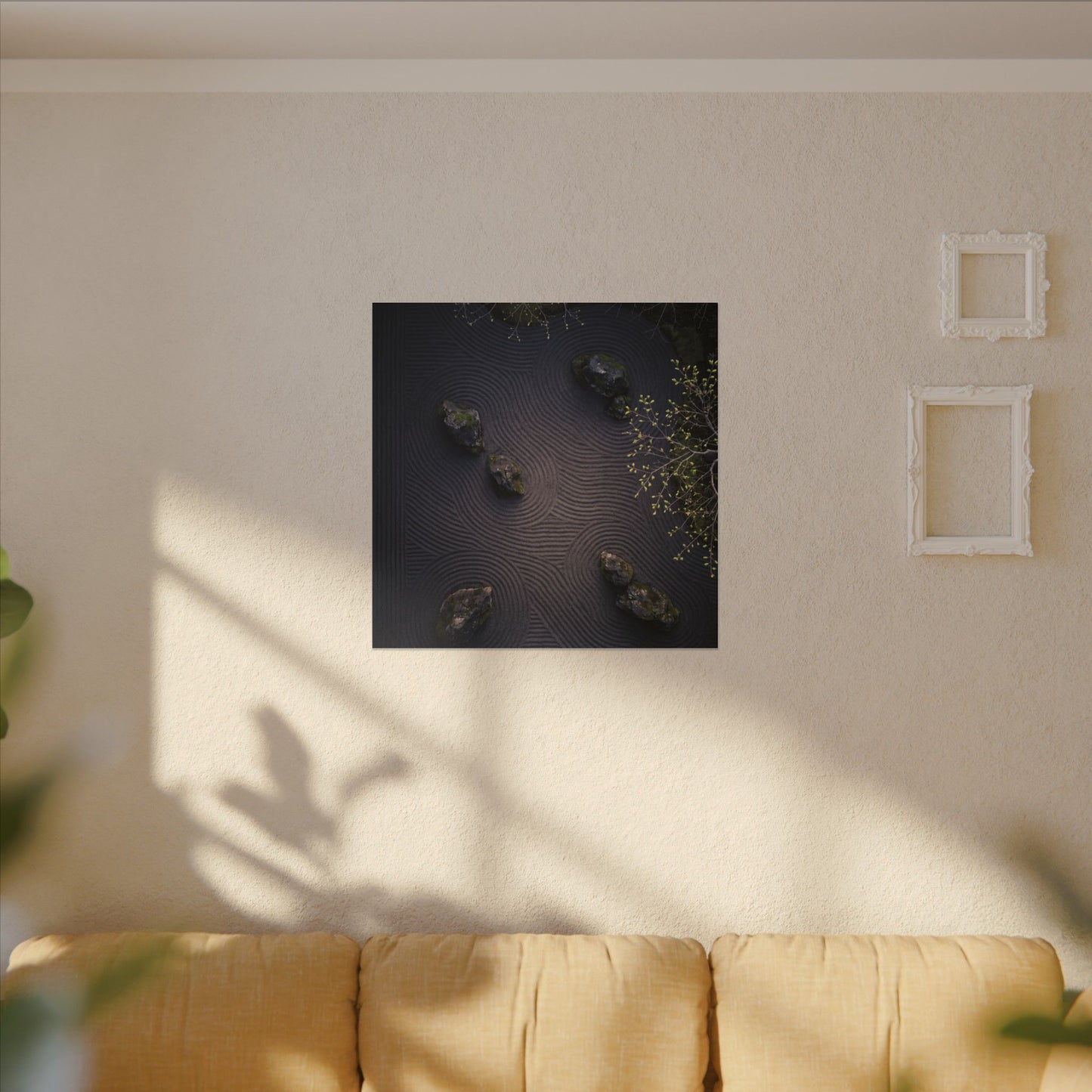 Dark Japandi Rock Garden in Dawn | Shadow Zen Canvas Art