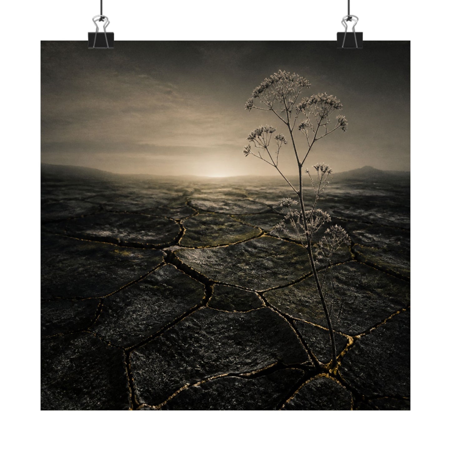 Dawn Cracked Earth Wall Art Print - Dark Japandi Mono No Aware