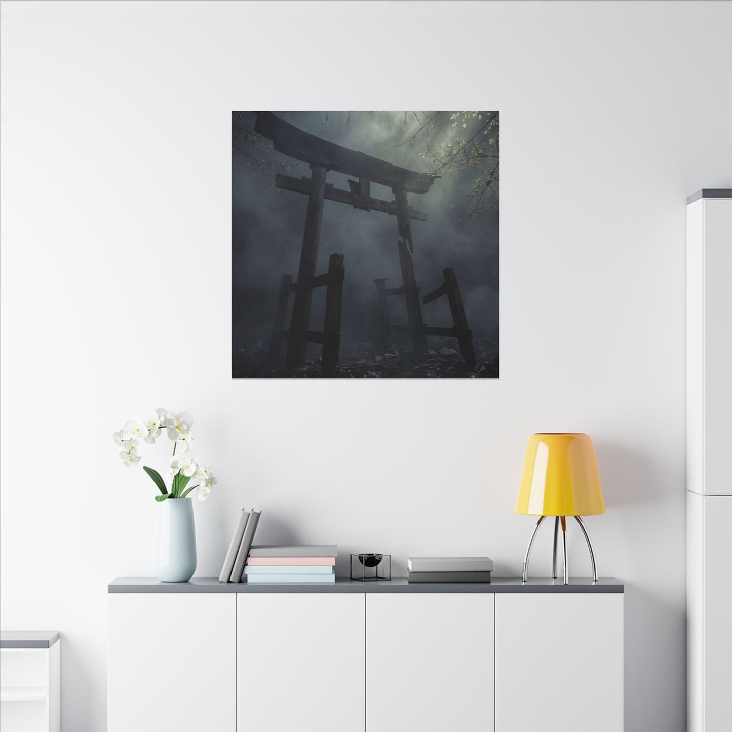 Dark Japandi Torii Gate in Dappled | Moody Minimal Canvas Art