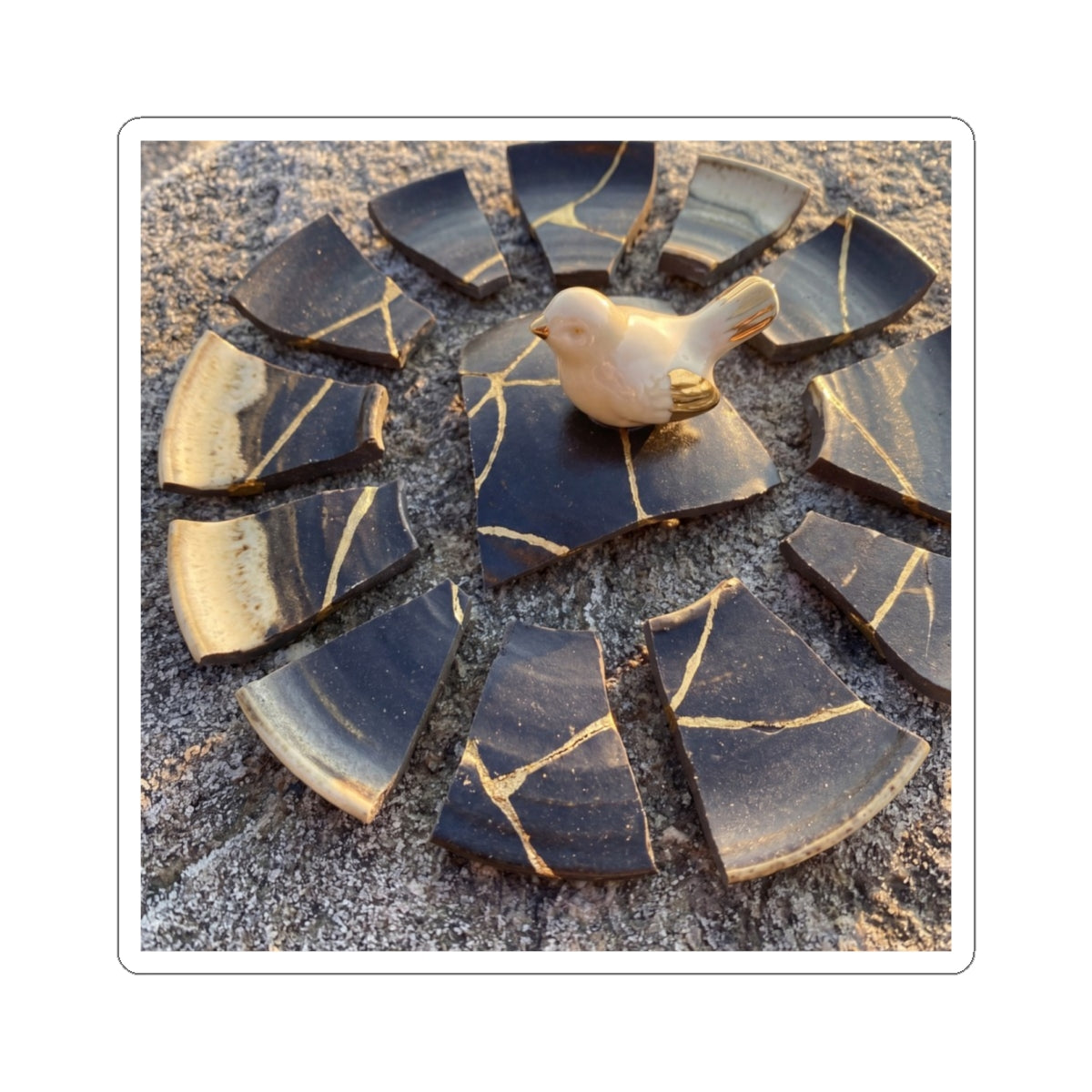 Kintsugi Broken Pottery in Golden Hour | Gold Repair Sticker Art Print
