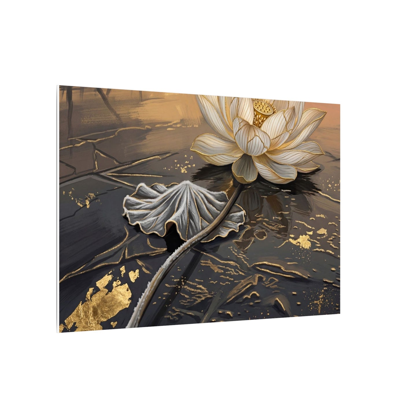 Kintsugi Lotus Flower in Golden Hour | Gold Vein Canvas Art
