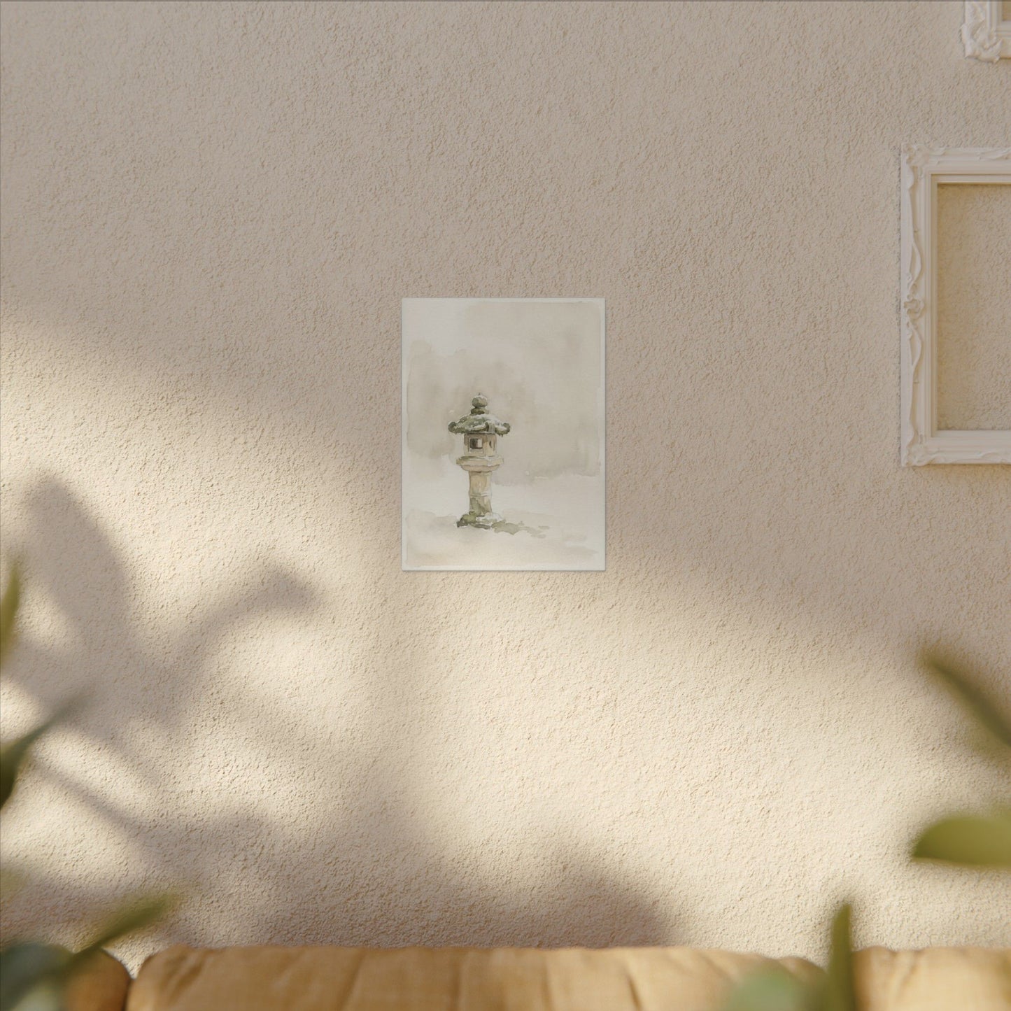 Stone Lantern Winter Canvas Art | Japandi Earthy Design