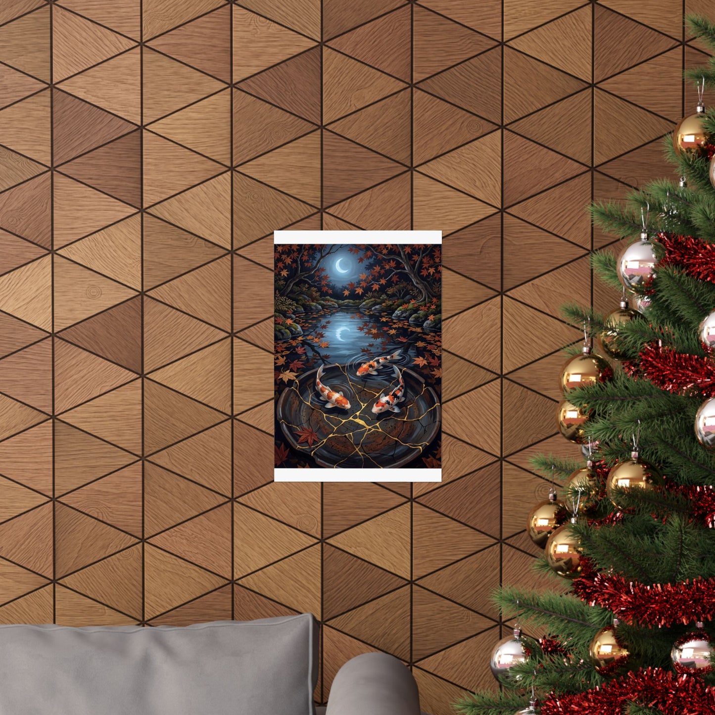 Kintsugi Koi Pond in Moonlight | Gold Repair Wall Art Print