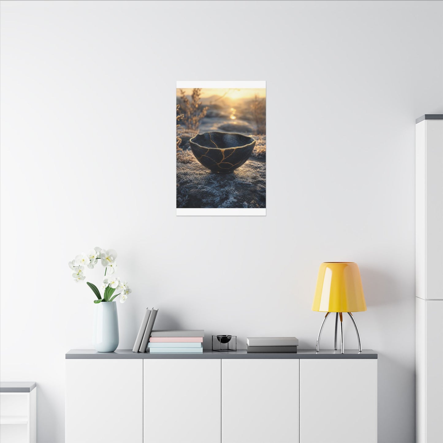 Ceramic Bowl Canvas Art | Winter Kintsugi Gold Repair Art