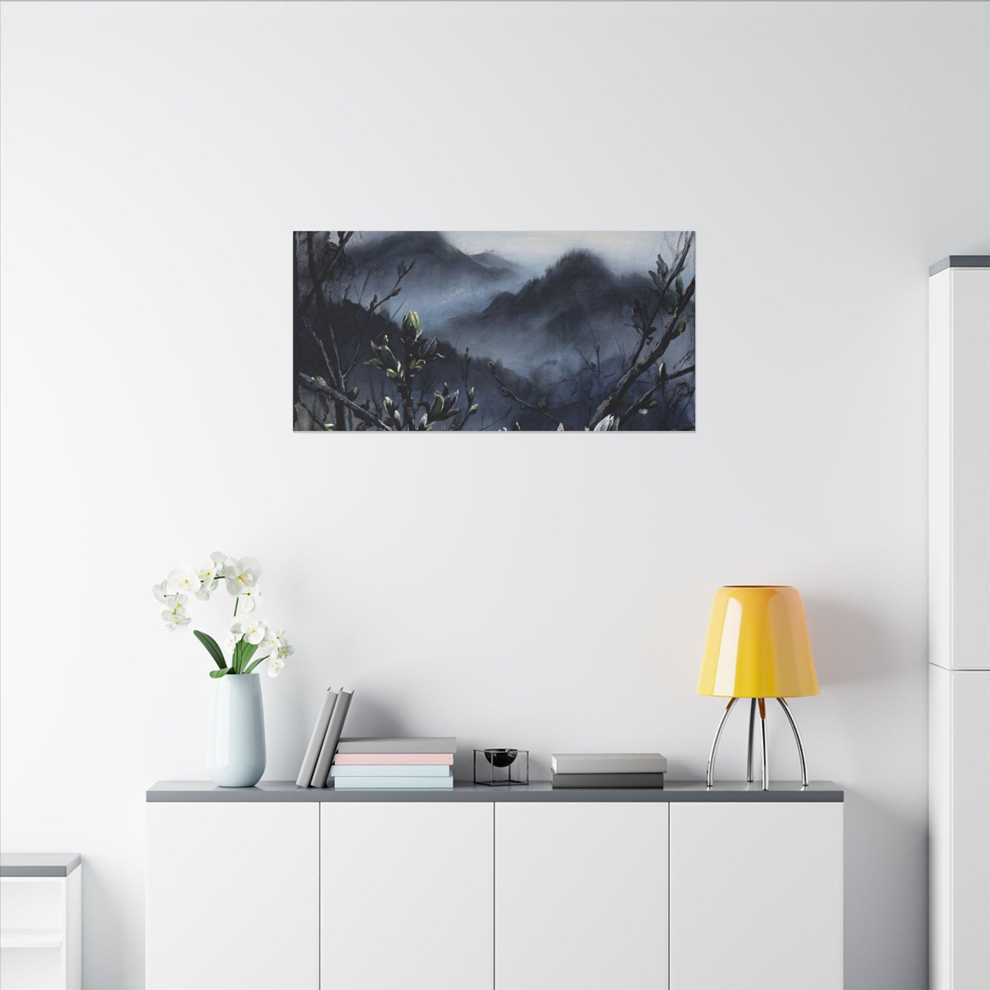 Mountain Mist Spring Canvas Art | Dark Japandi Atmospheric Design