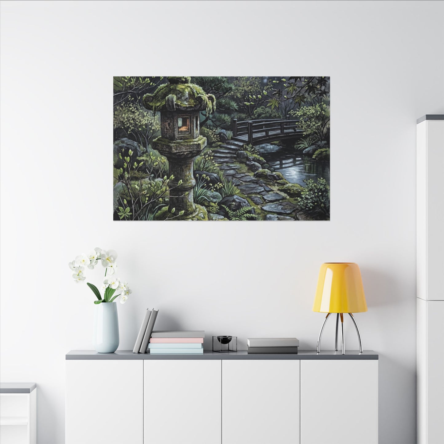 Japandi Stone Lantern in Moonlight | Texture Canvas Art