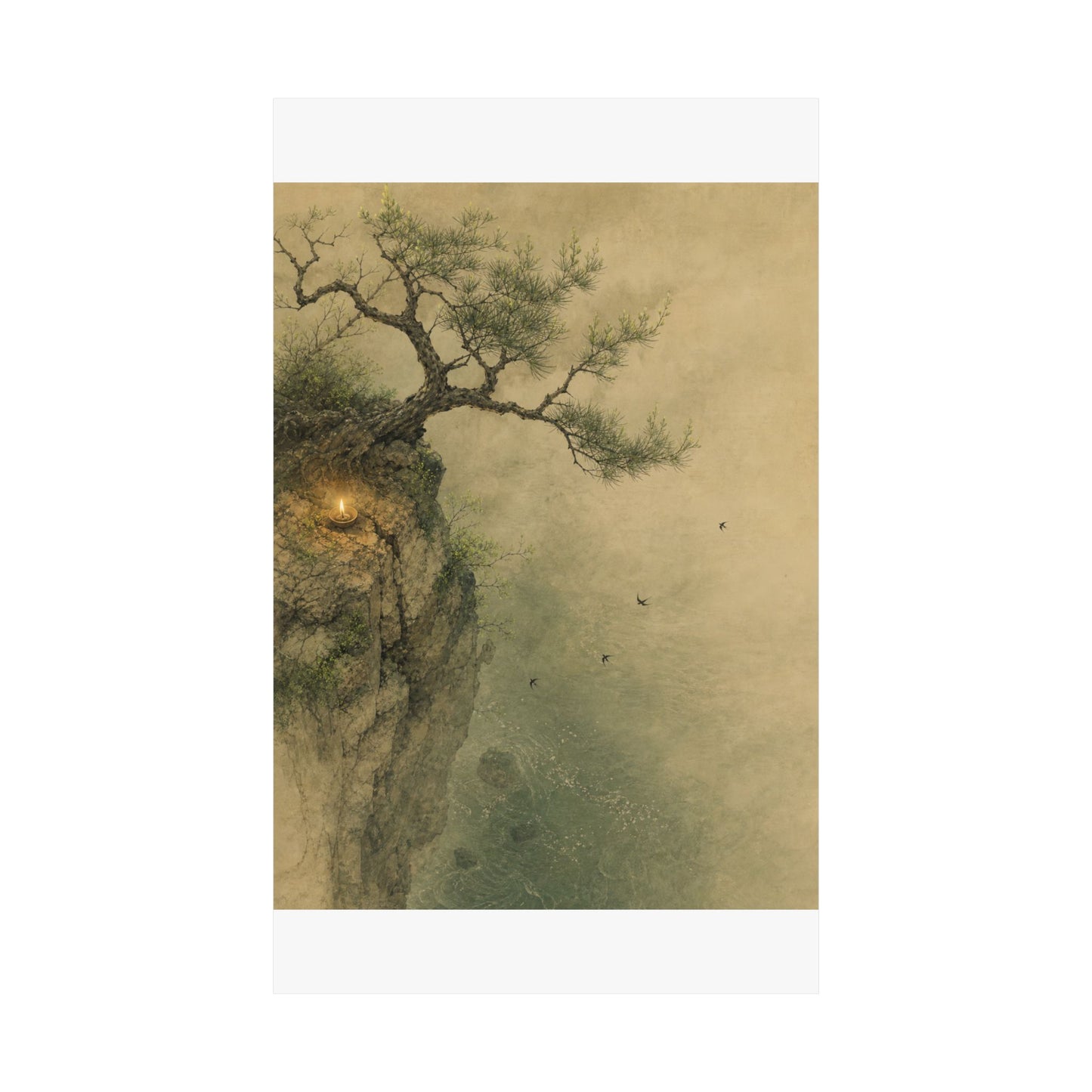 Japandi Pine Tree in Candlelight | Minimal Line Wall Art Print