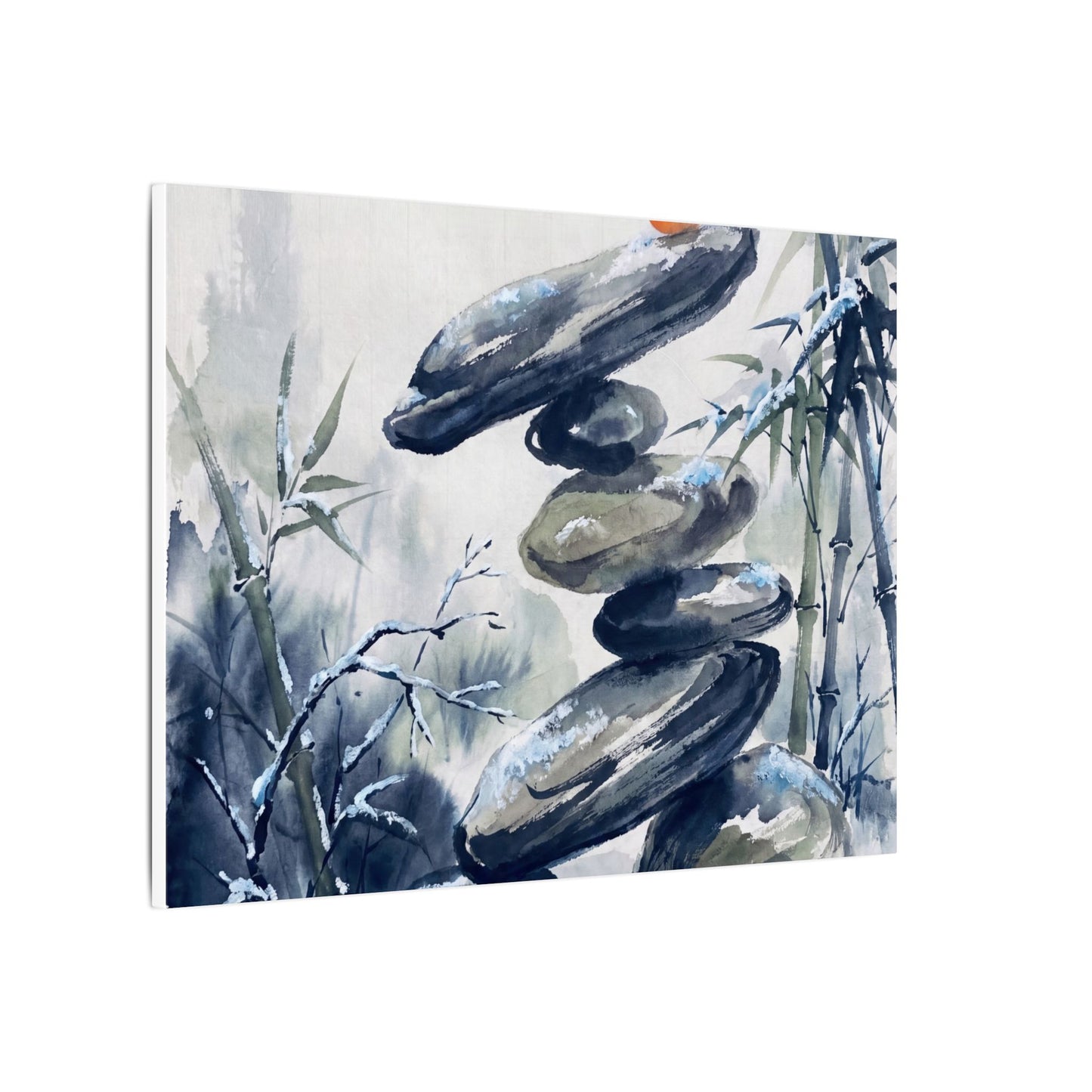Zen River Stones in Moonlight | Sumi E Canvas Art