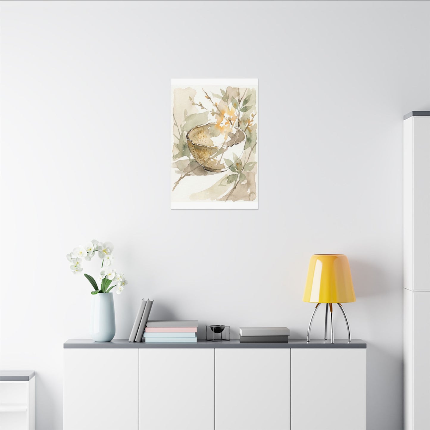 Spring Ceramic Bowl Watercolor Canvas Art | Neutral Decor