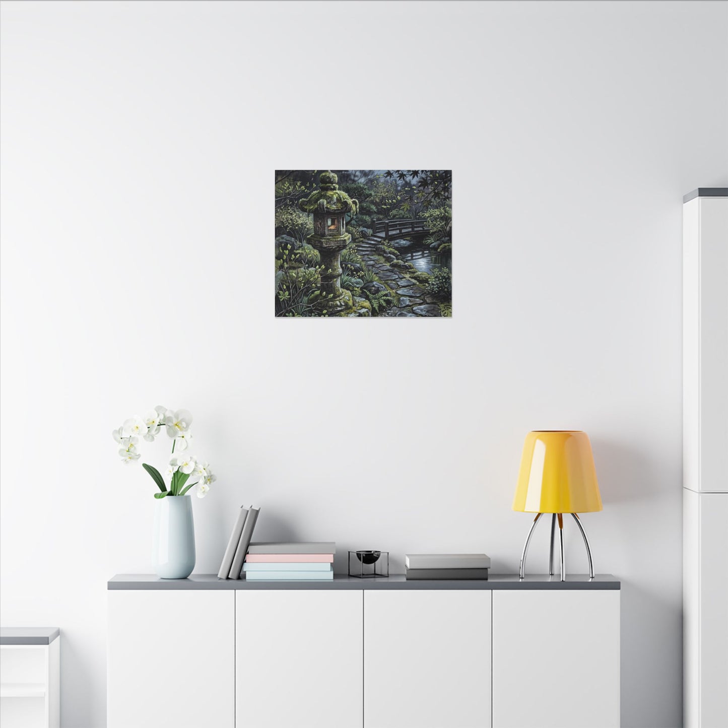 Japandi Stone Lantern in Moonlight | Texture Canvas Art