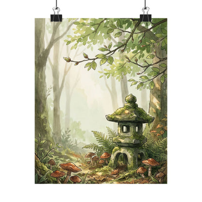 Spring Stone Lantern Mushroom Illustration Wall Art Print | Earthy Decor