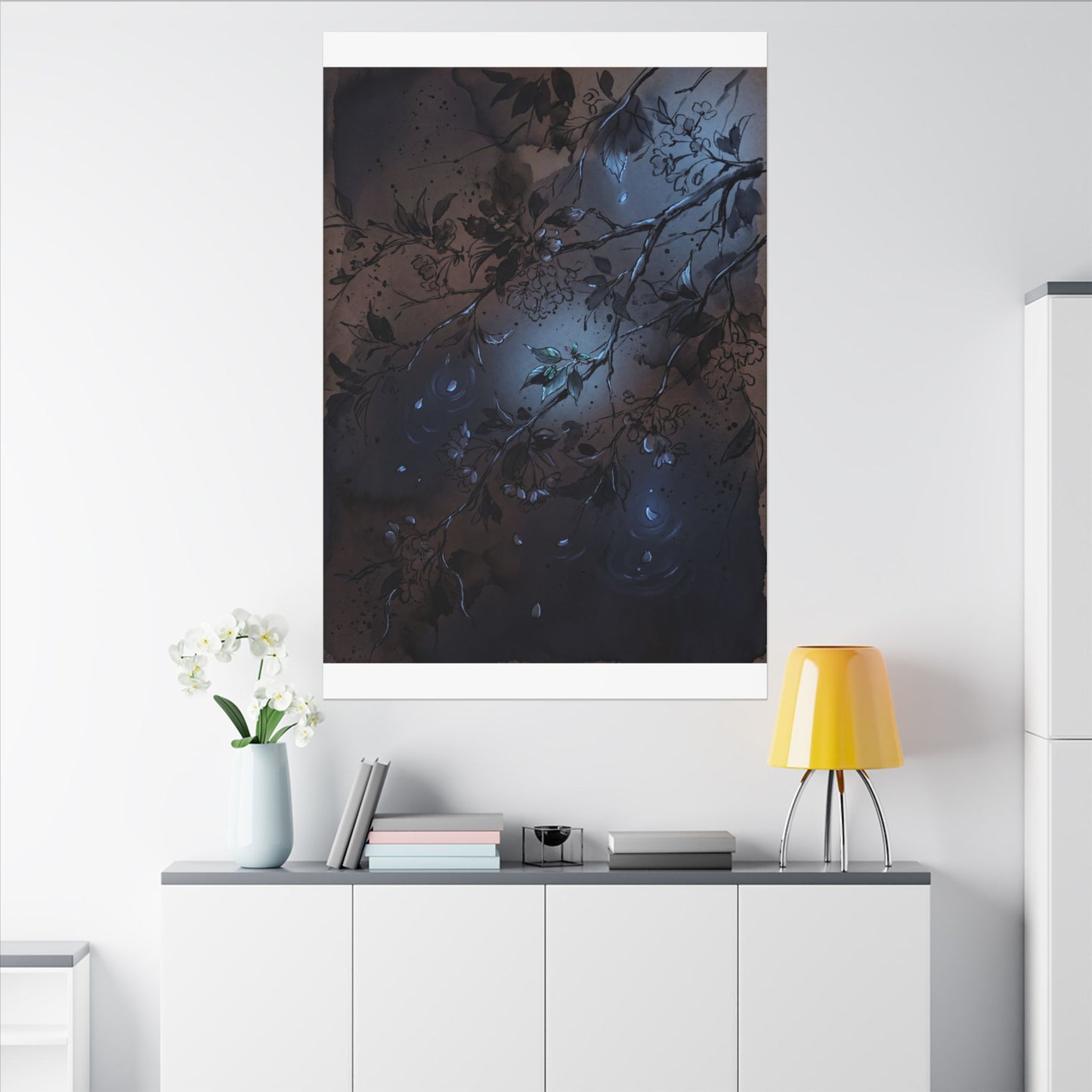 Bold Cherry Blossom Canvas Art - Charcoal Ink Dark Japandi