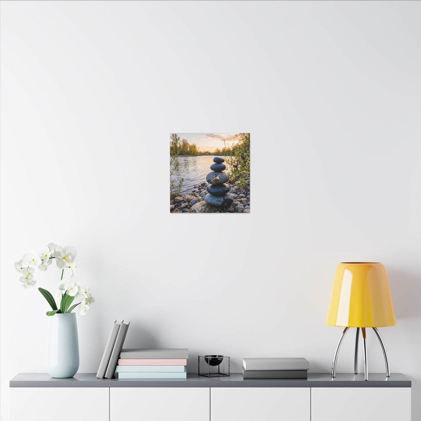 Kintsugi River Stones in Golden Hour | Gold Vein Canvas Art