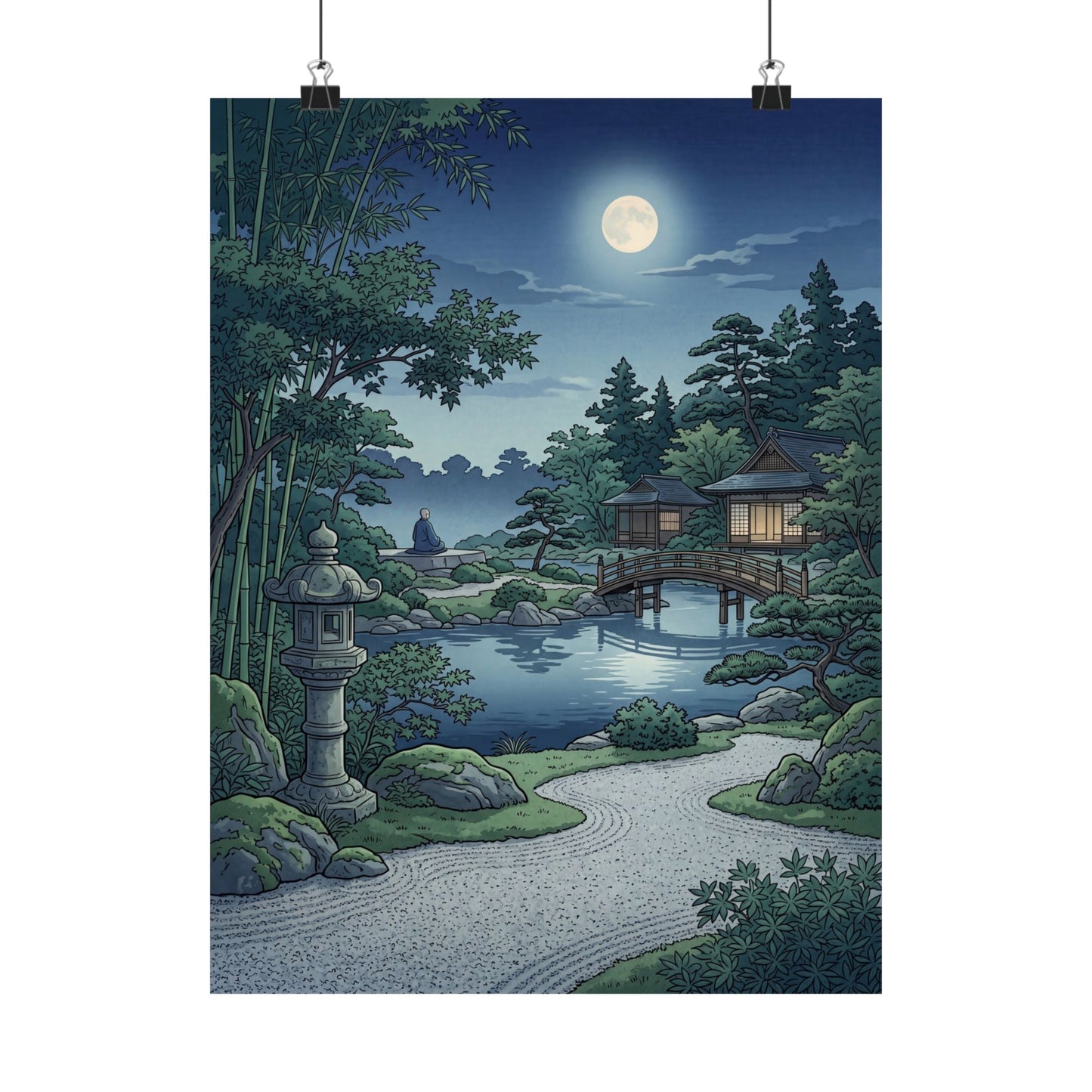 Kanso Moonlit Garden Wall Art Print - Zen Ukiyo E Inspired