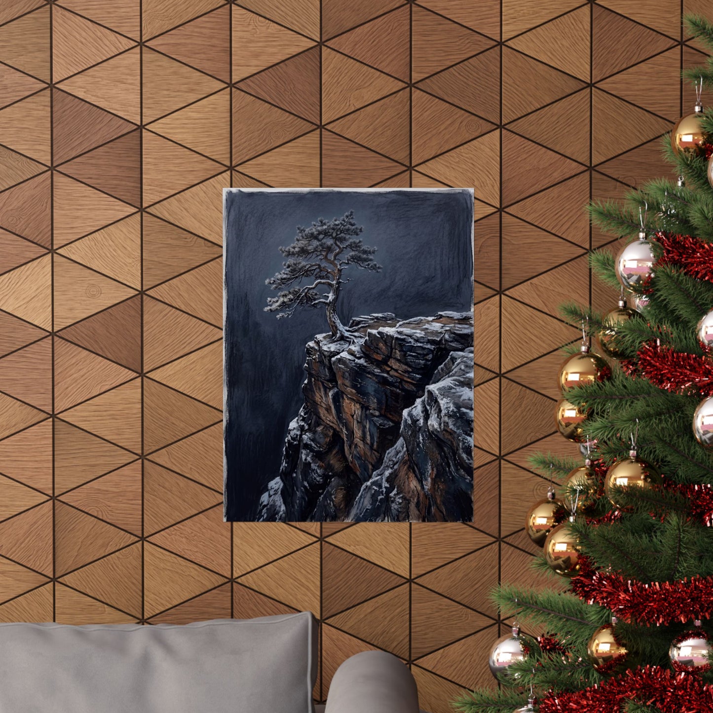 Sophisticated Pine Tree Wall Art Print - Dark Texture Dark Japandi