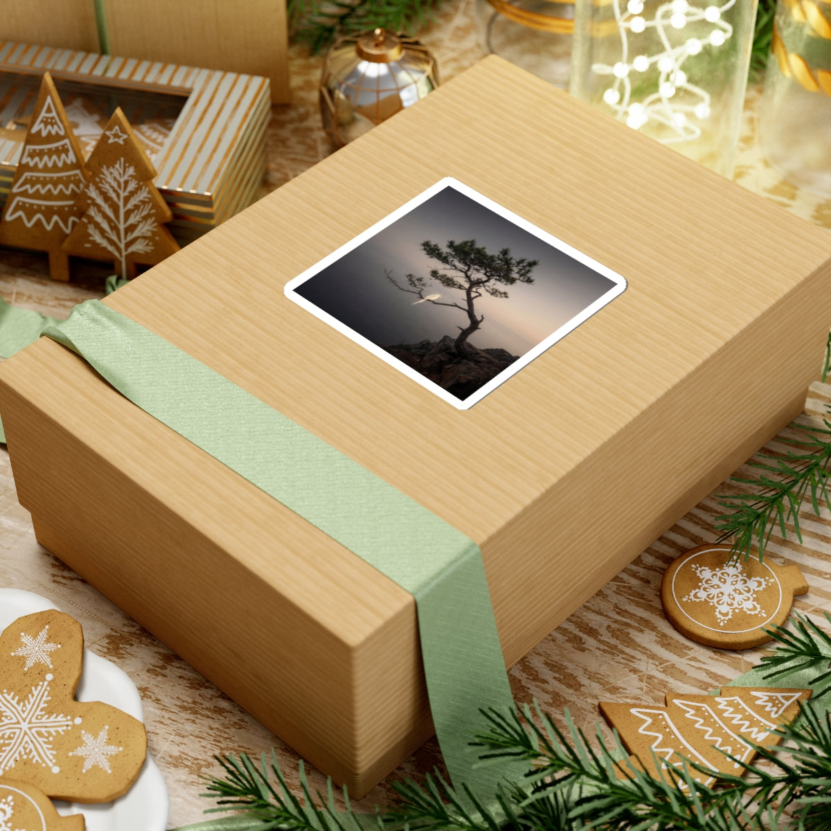 Dark Japandi Pine Tree in Dawn | Moody Minimal Sticker Art Print