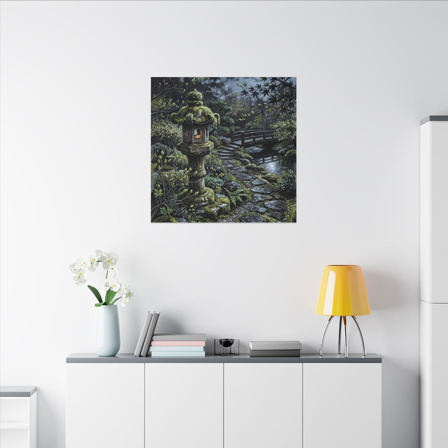 Japandi Stone Lantern in Moonlight | Texture Canvas Art