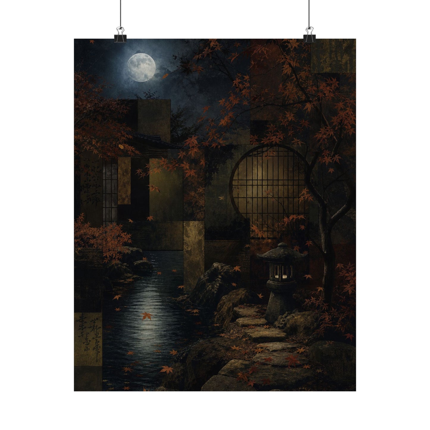 Moonlit Garden Shadow Zen Wall Art Print | Moody Dark Japandi Art