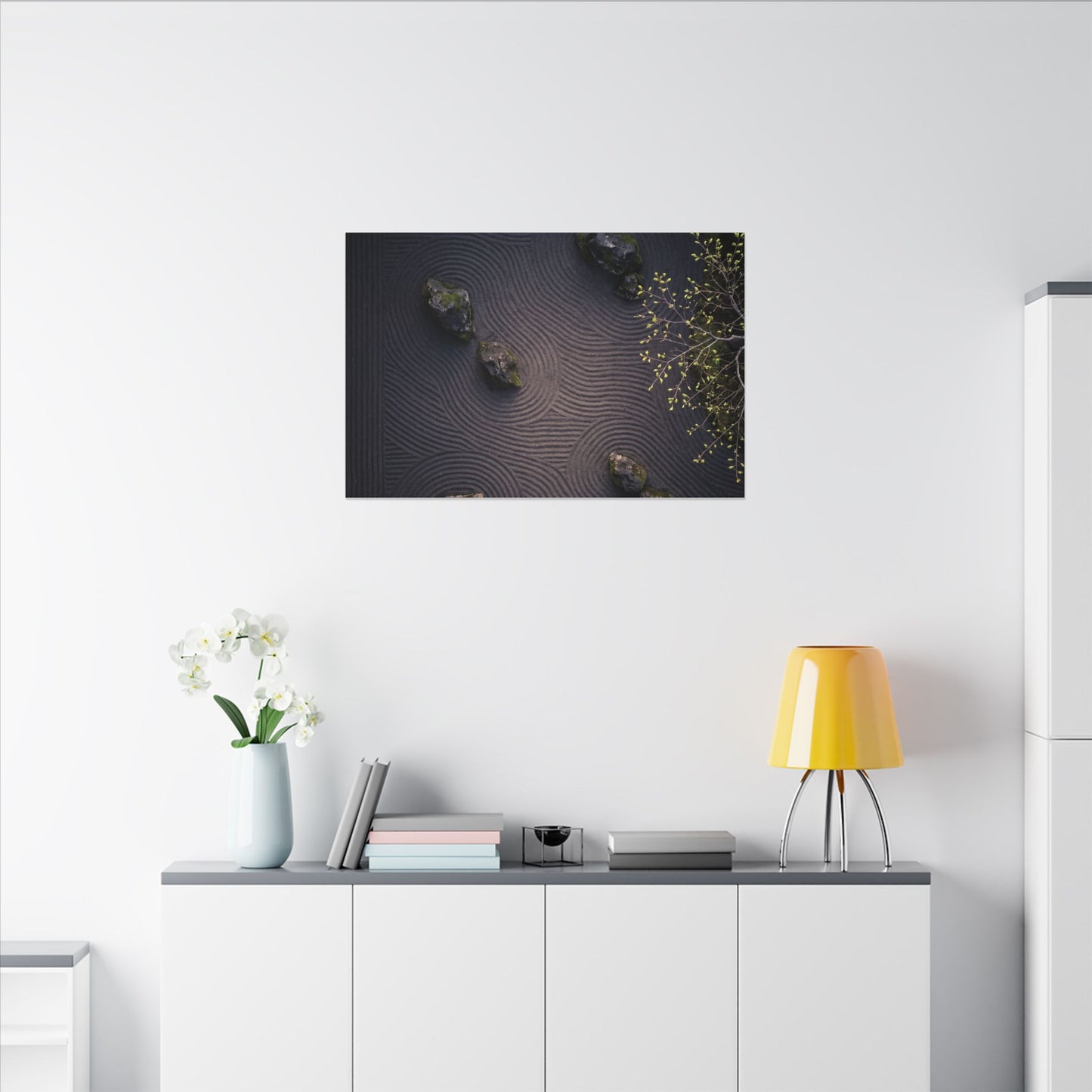 Dark Japandi Rock Garden in Dawn | Shadow Zen Canvas Art