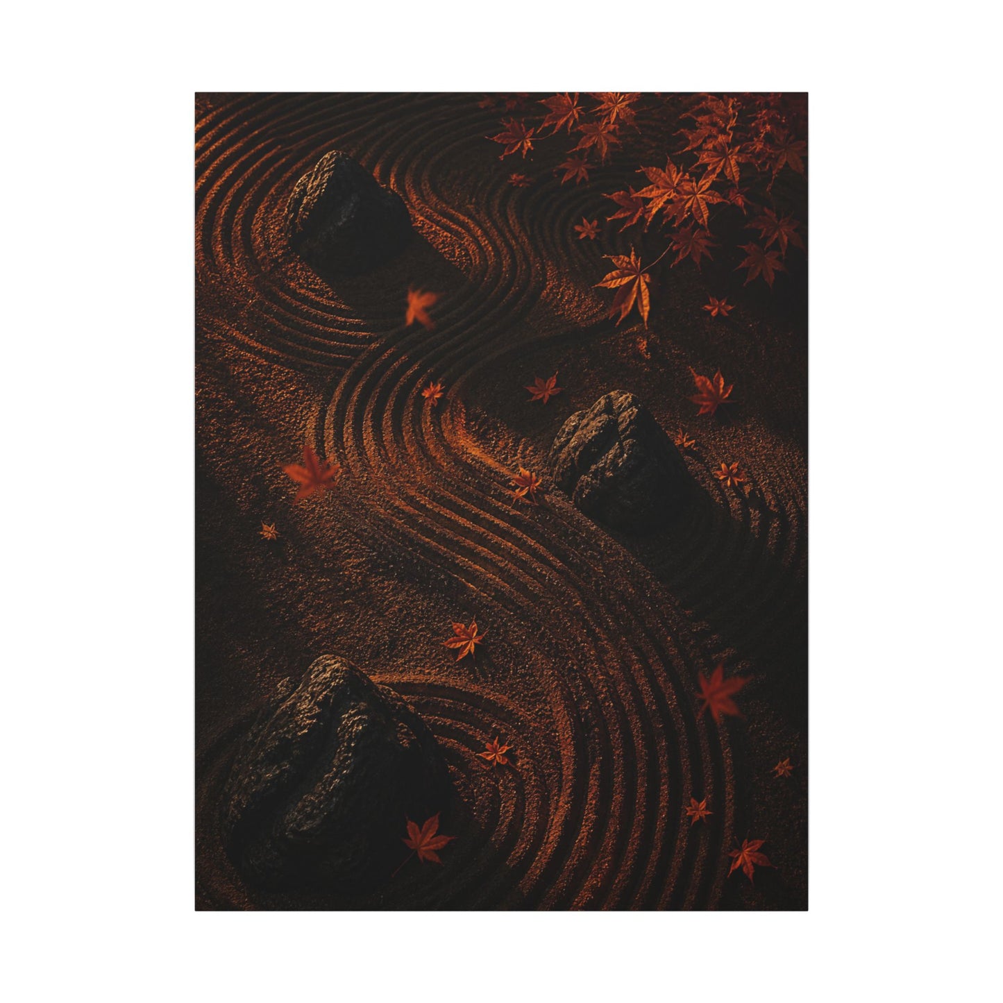 Dark Japandi Rock Garden in Golden Hour | Charcoal Ink Canvas Art
