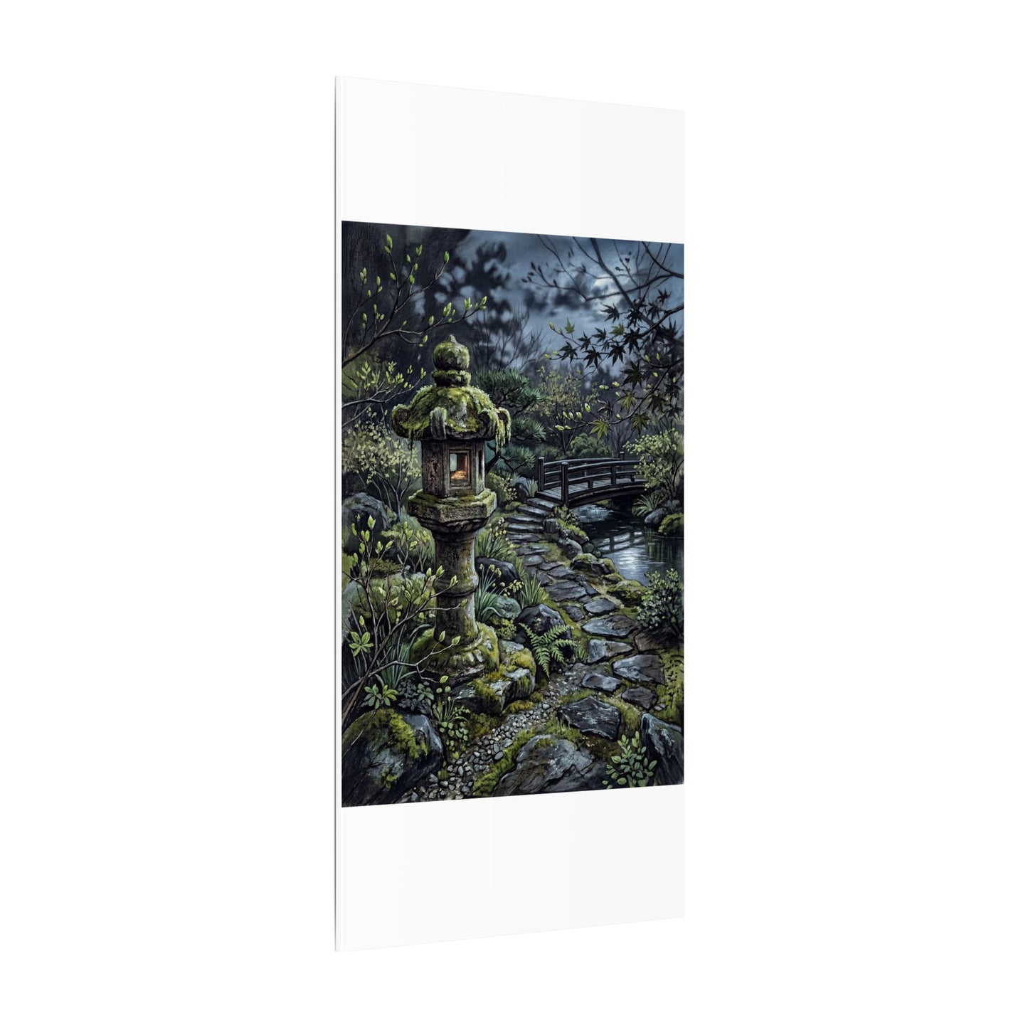 Japandi Stone Lantern in Moonlight | Texture Canvas Art