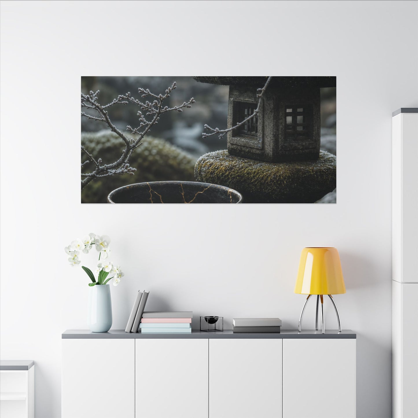 Stone Lantern Canvas Art | Winter Kintsugi Gold Repair Art