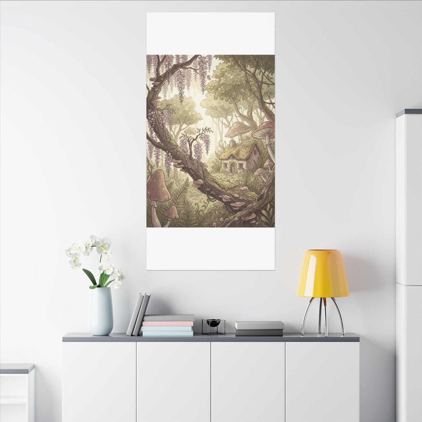 Summer Wisteria Mushroom Illustration Canvas Art | Enchanting Decor