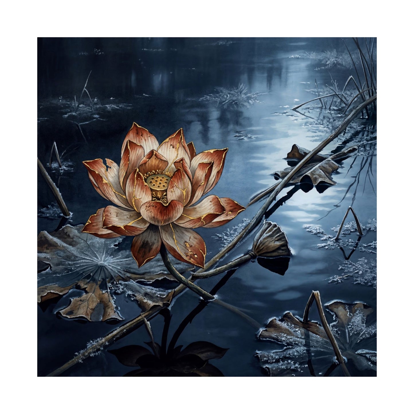 Kintsugi Lotus Flower in Moonlight | Broken Beauty Wall Art Print