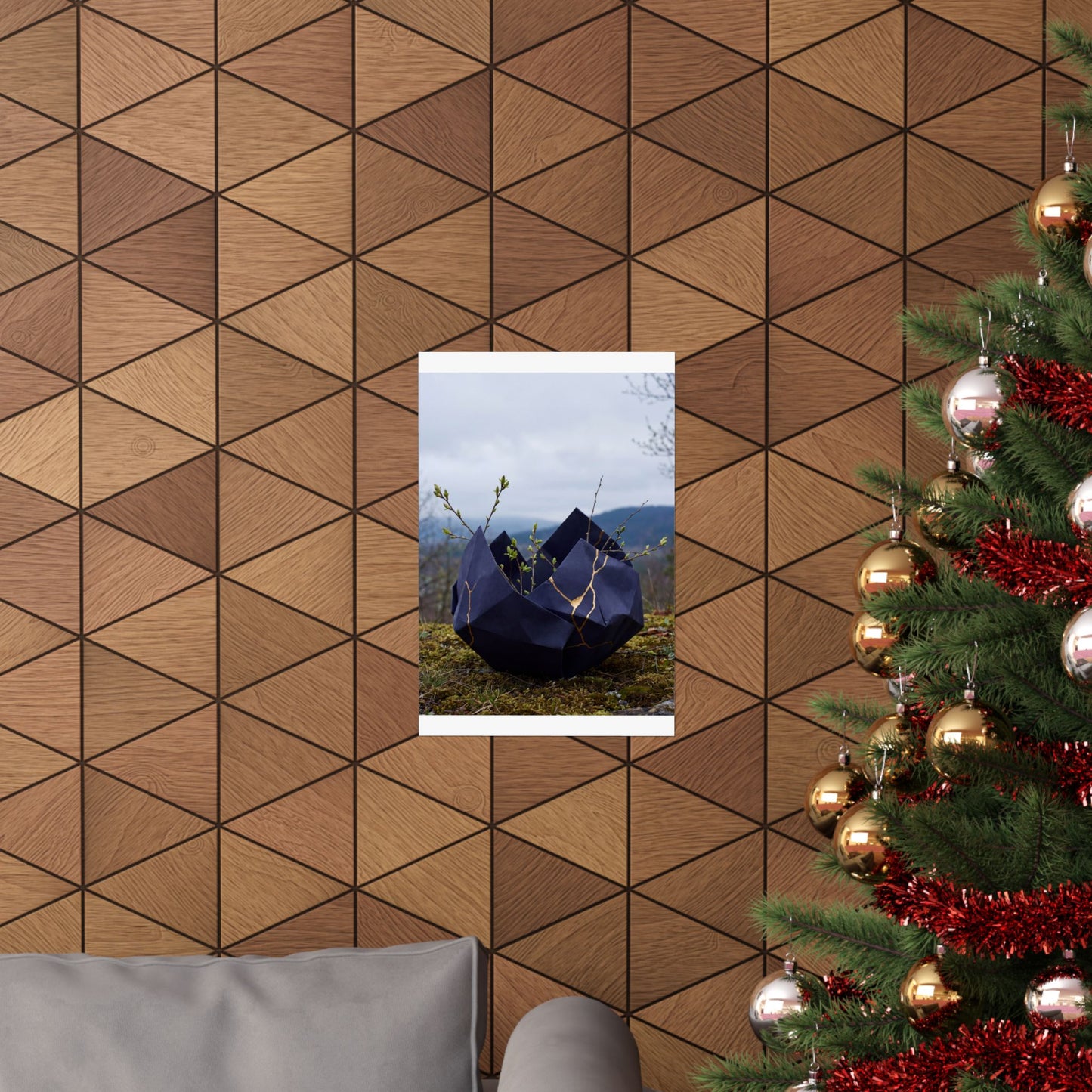 Kintsugi Paper Fold in Overcast | Gold Repair Wall Art Print