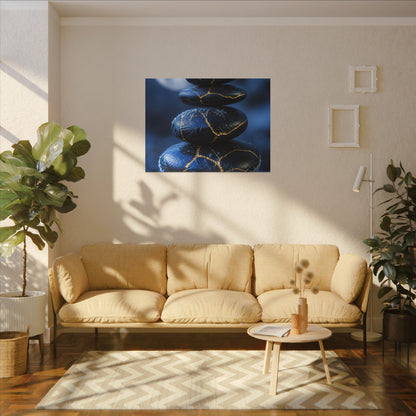 River Stones Canvas Art | Winter Kintsugi Gold Repair Art