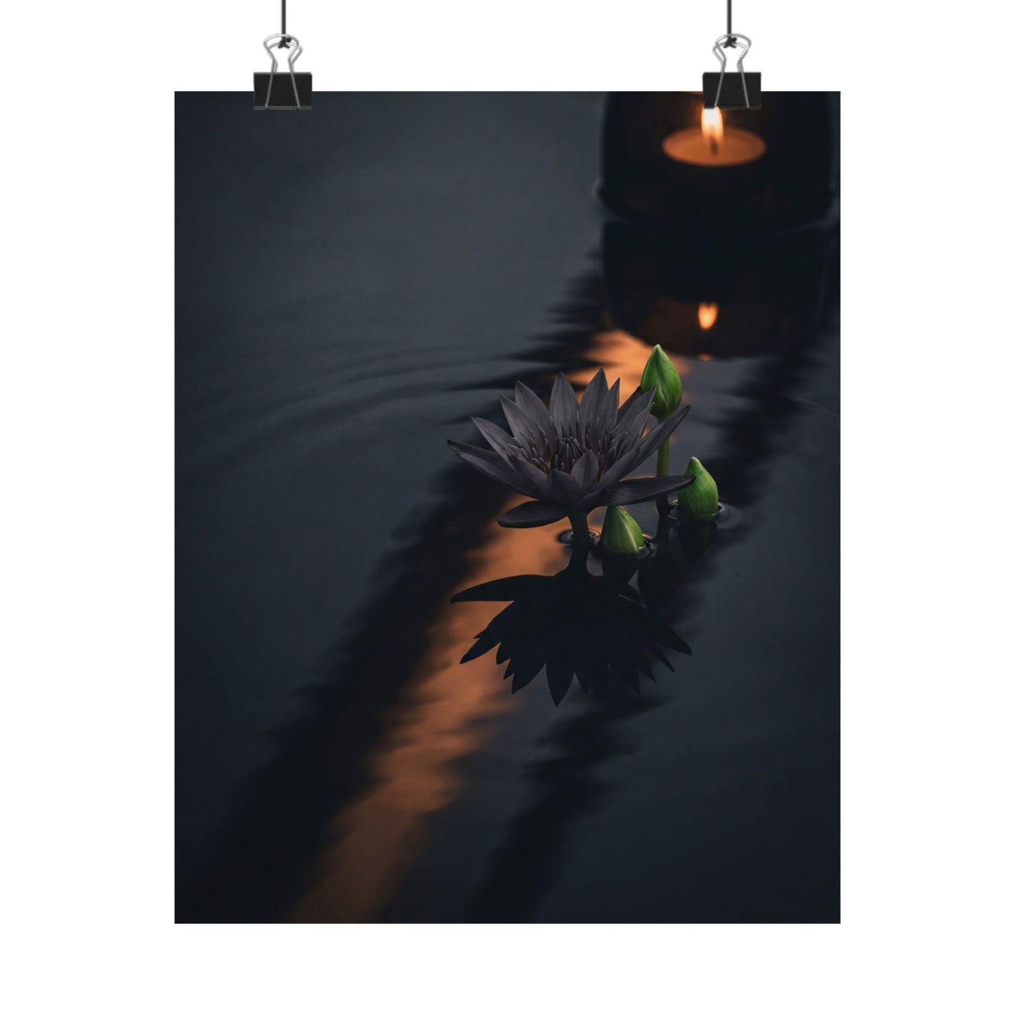 Candlelight Lotus Flower Wall Art Print - Dark Japandi Seijaku