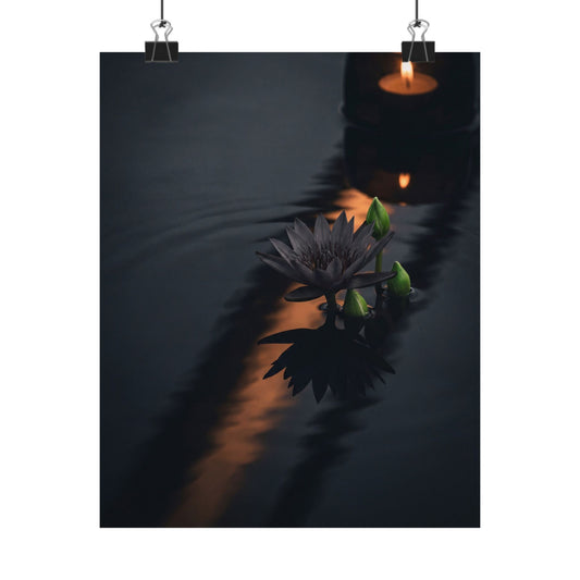 Candlelight Lotus Flower Wall Art Print - Dark Japandi Seijaku