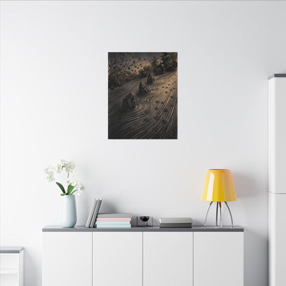 Rock Garden Canvas Art | Autumn Dark Japandi Charcoal Ink Art