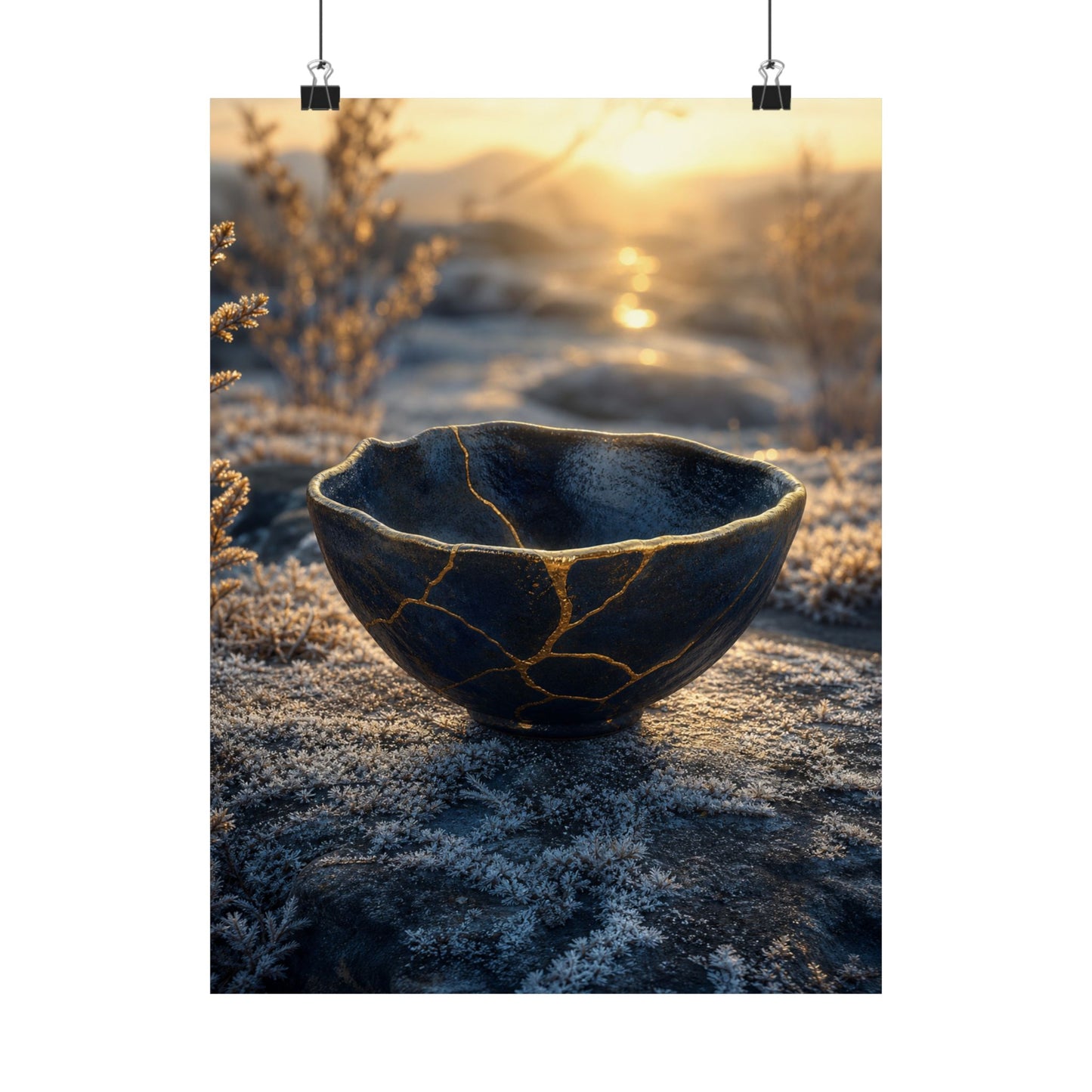 Kintsugi Ceramic Bowl in Golden Hour | Gold Repair Wall Art Print
