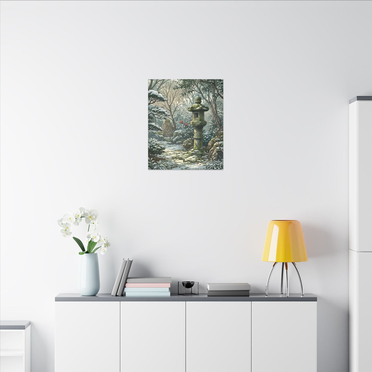 Stone Lantern Winter Canvas Art | Japandi Warm Design