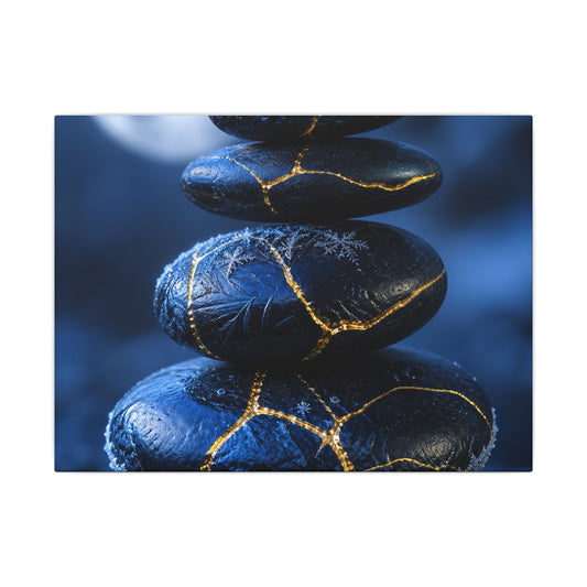 River Stones Canvas Art | Winter Kintsugi Gold Repair Art