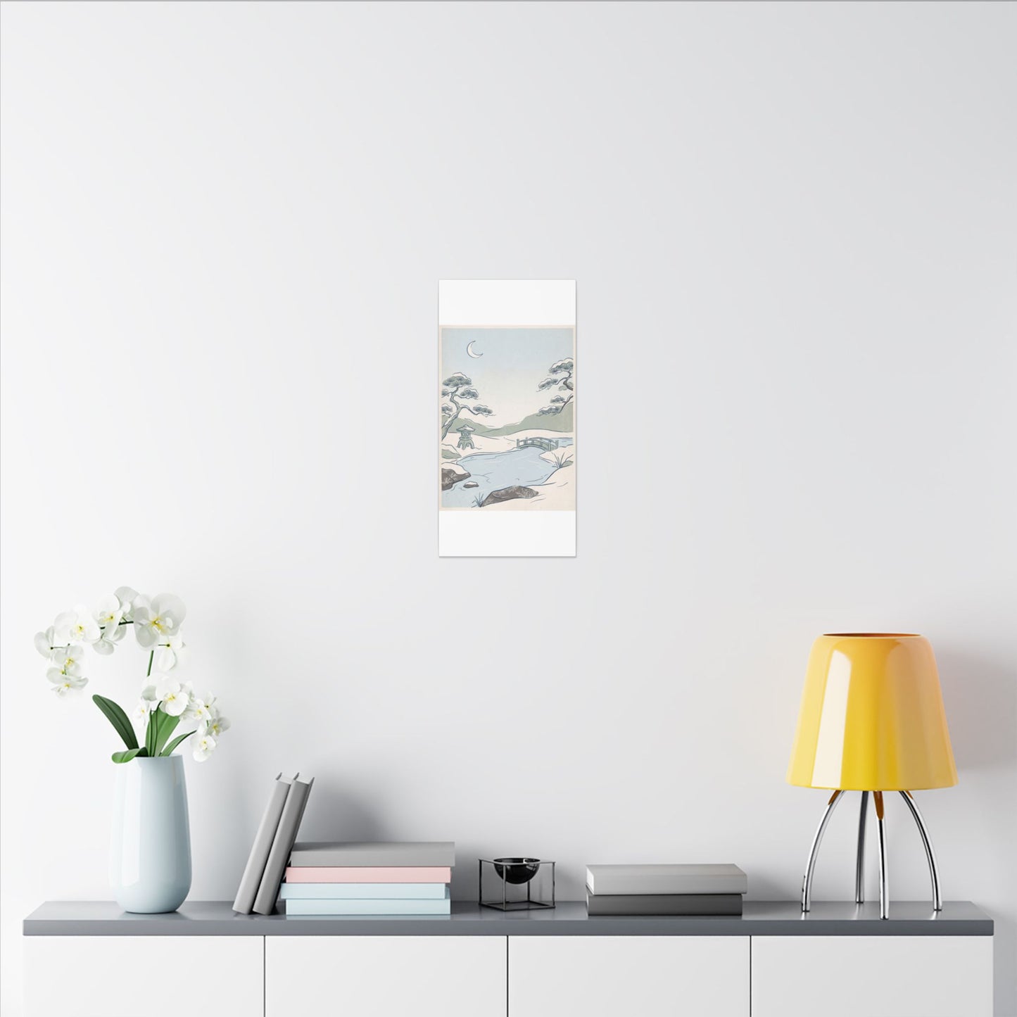 Japandi Moonlit Garden in Moonlight | Minimal Line Canvas Art